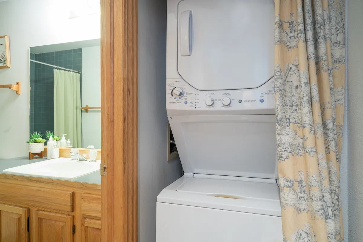 This image features a compact laundry area with a stacked washer and dryer, positioned next to a bathroom vanity. Green plants add a fresh, homey touch, and the overall mood is practical and serene, emphasizing convenience and comfort.